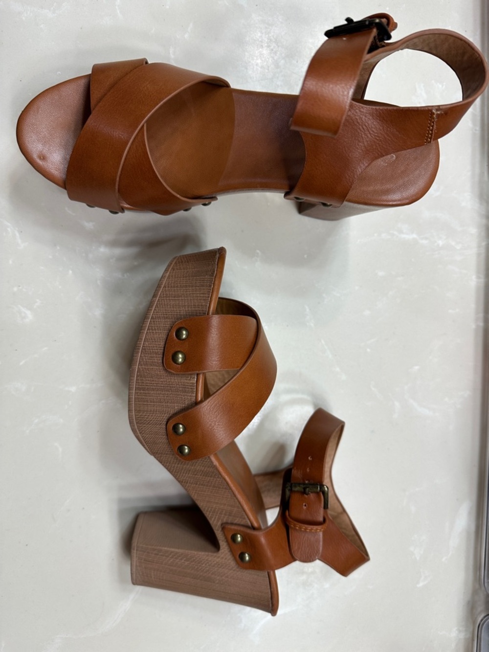 Qupid Brown Platform Block Heel Sandals